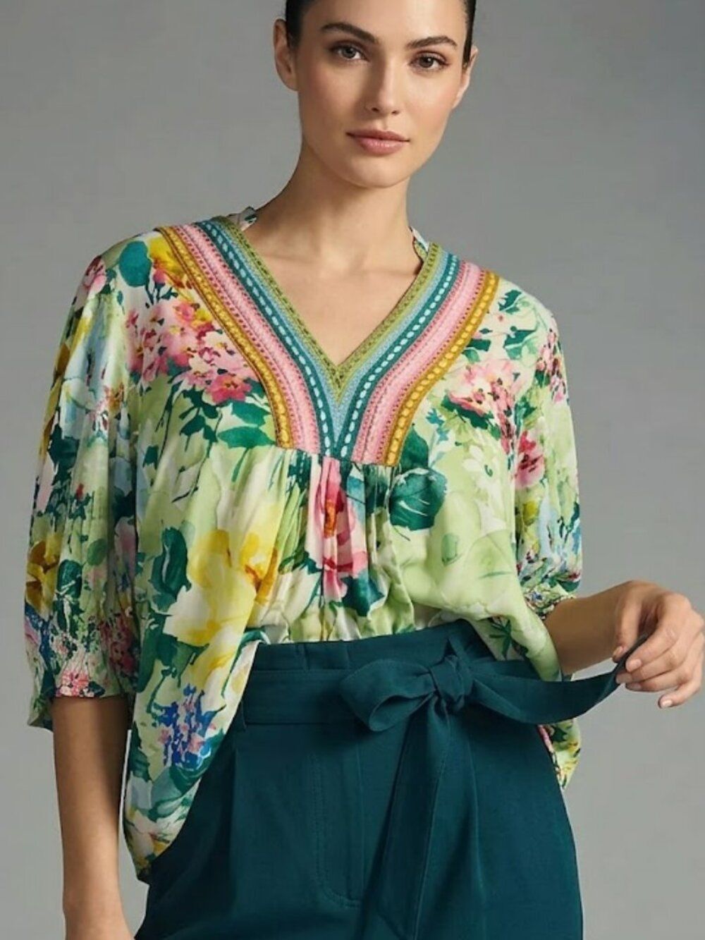 Anthropologie Bl-nk Stephanie Top Peasant Blouse Embroidered Trim Boho Size XL